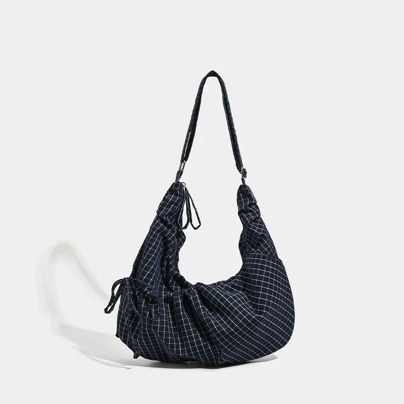 Korean Niche Plaid Drawstring Lightweight Casual Messenger Bag Women'S Lazy Style Show Daily Shoulder Bag