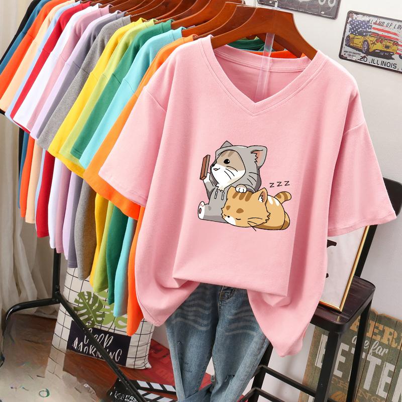 Kurzärmeliges T-Shirt, Locker sitzend, Schlankmachendes bedrucktes V-Ausschnitt-Top für Damen