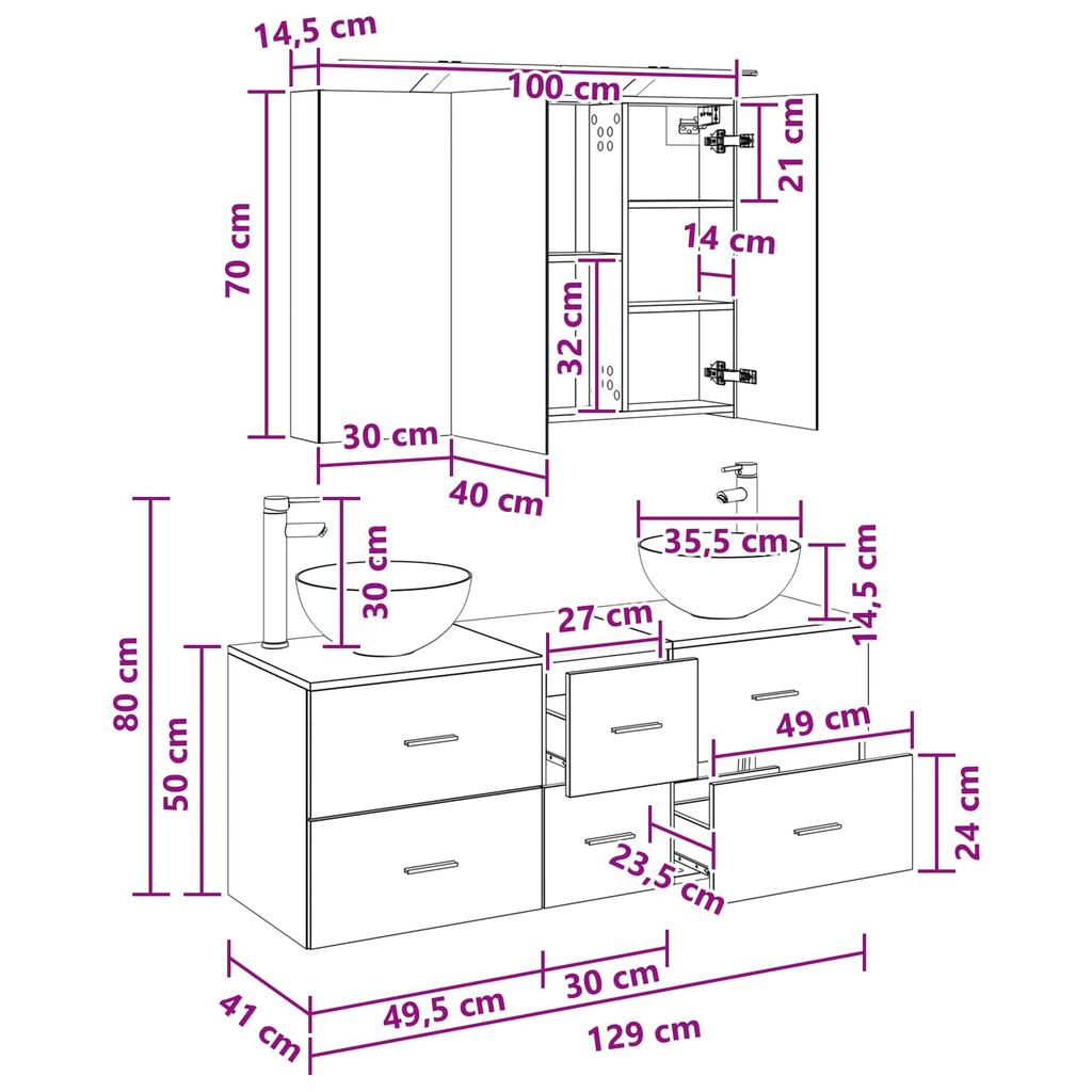 Bathroom Furniture Set 4 Pcs Black Oak Engineered Wood and Glass