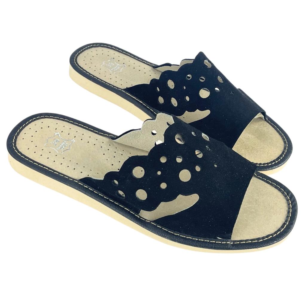 Women's leather slippers, black house slippers 39
