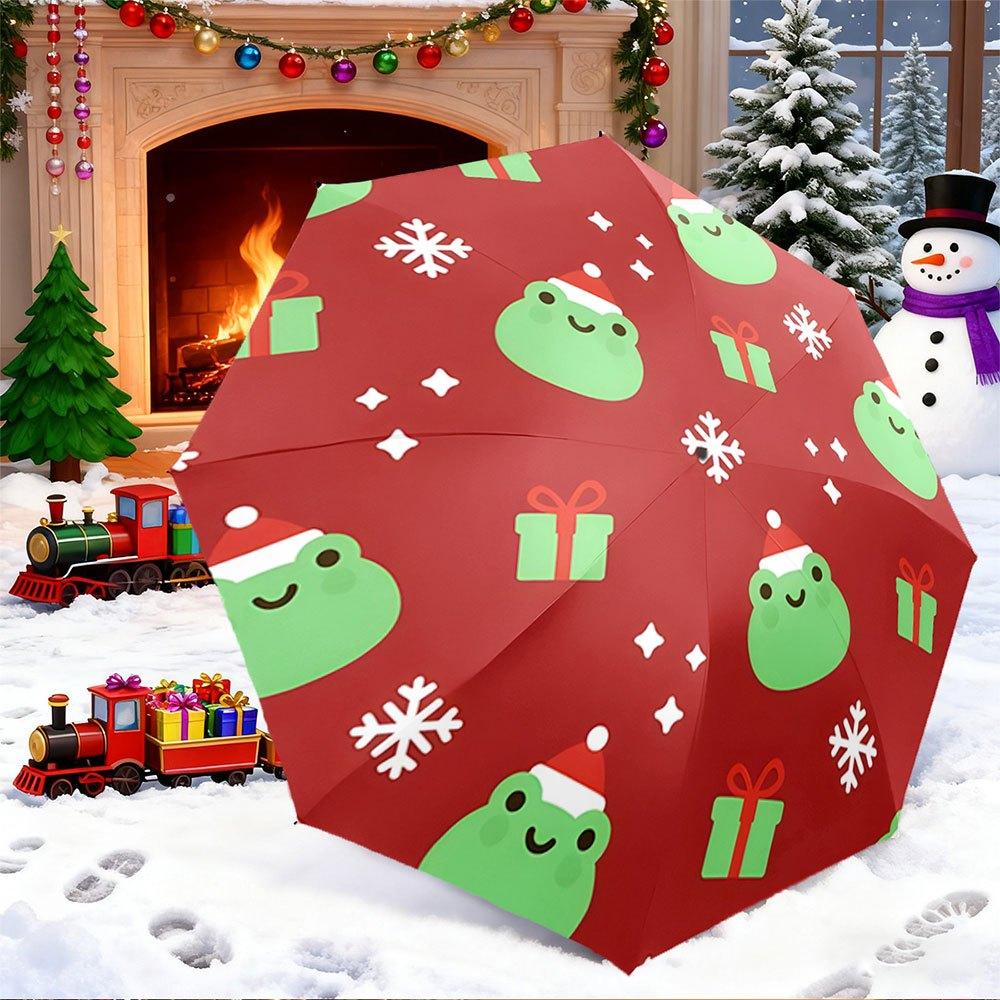 

Open/Close Portable Folding Umbrella with Green Cartoon Frogs in Santa Hats & Snowflakes - 8-Rib Compact Travel Umbrella, Chri (as the picture,Iron&8K)