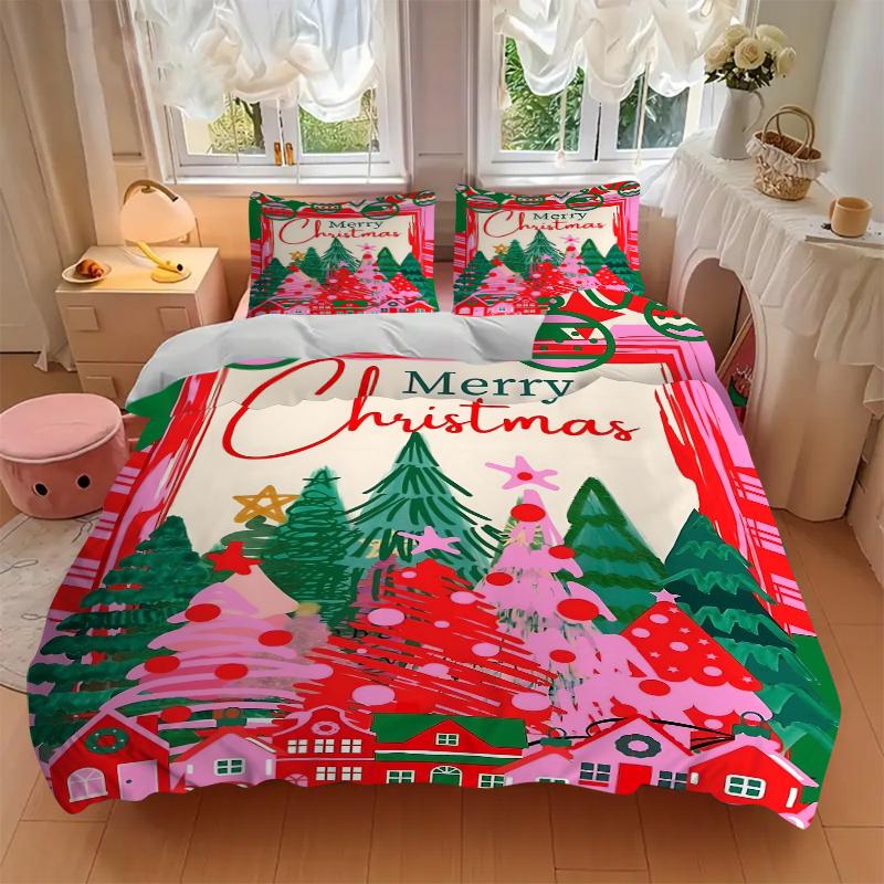 3Pcs Christmas Village Scene Bedding Set Quilt Cover Pillowcase Home Christmas Halloween Gift 1 Duvet Cover 2 Pillowcase S183
