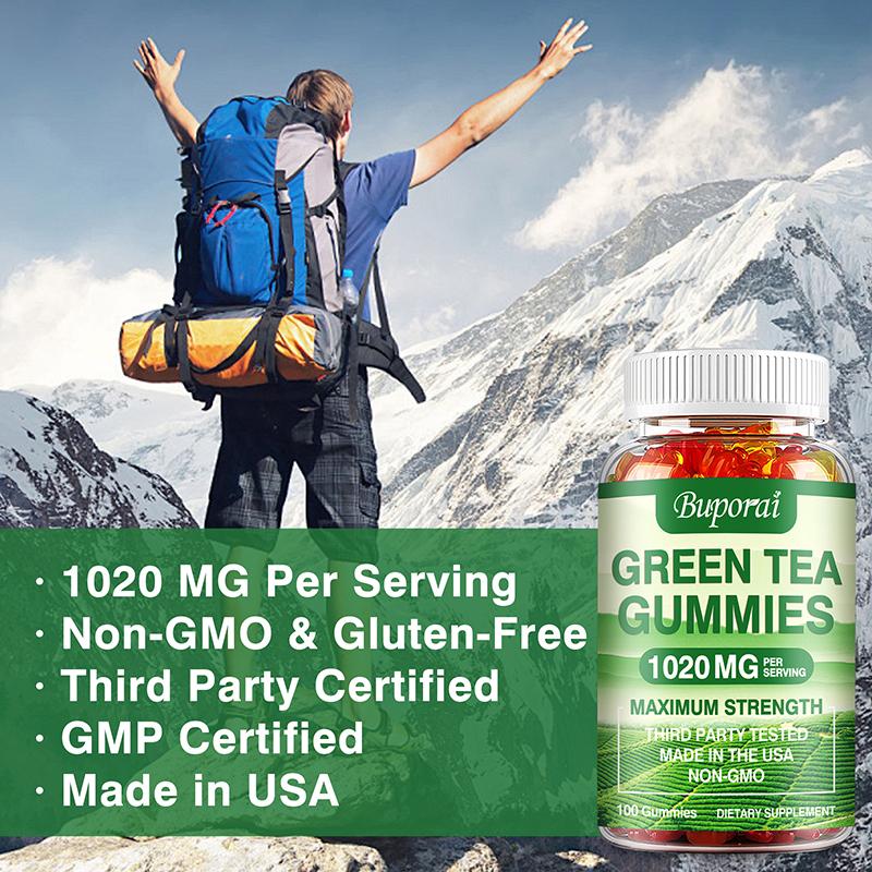 Green tea gummies; 1,020 mg per serving; contains Garcinia Cambogia, raspberry ketone, and coffee bean extract; promotes digestion.