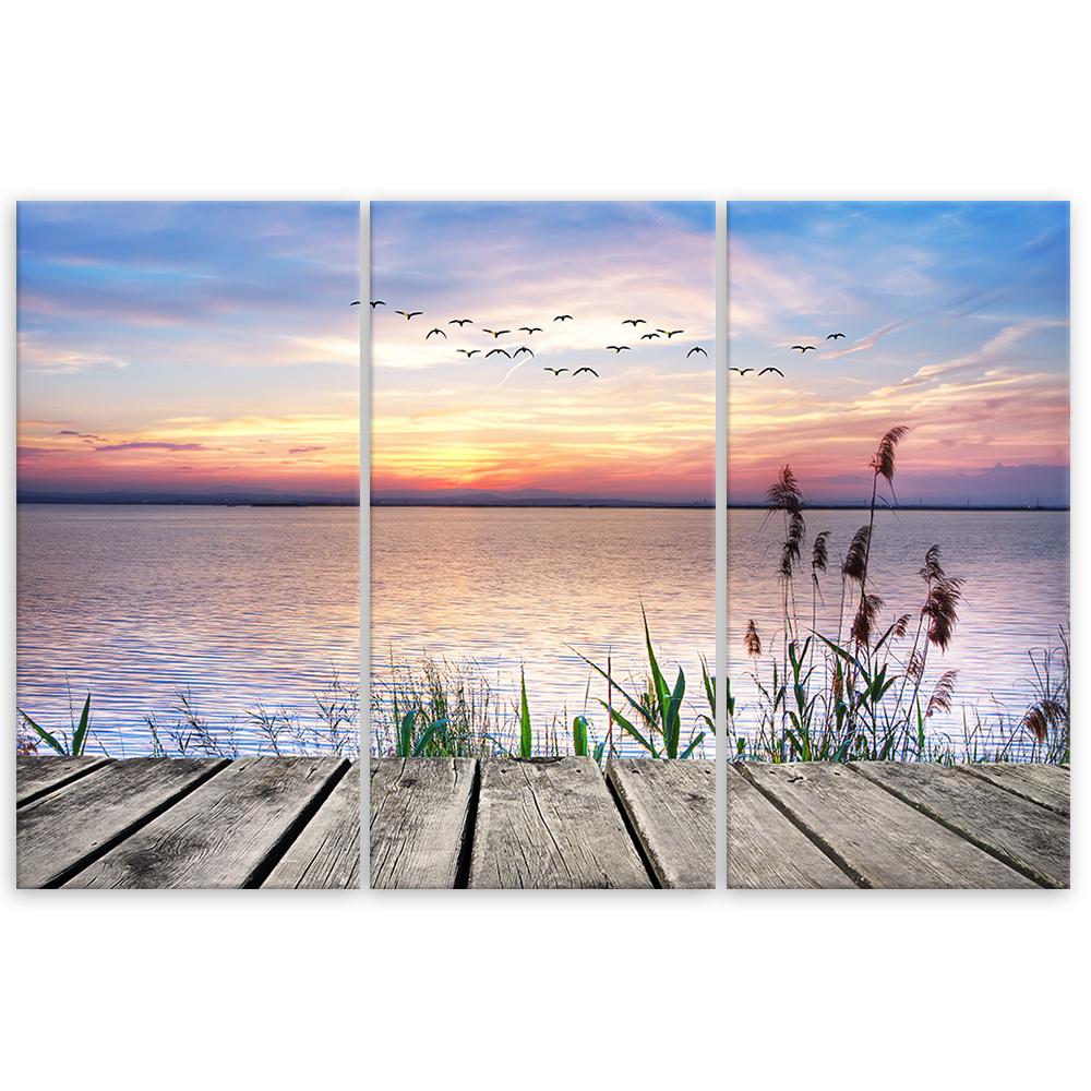 Three Piece Picture Canvas Print Footbridge Beach Sunset