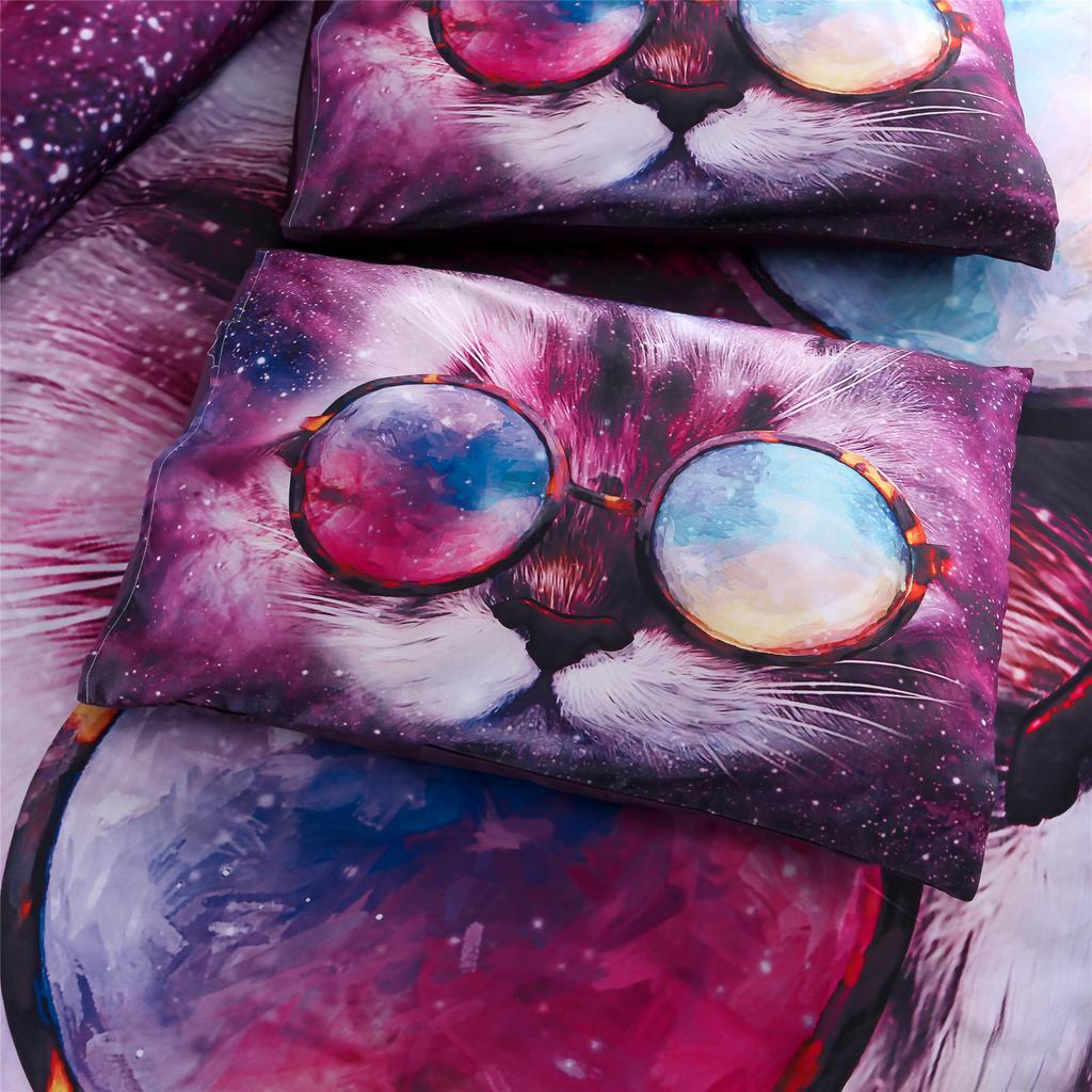 Deep Purple Galaxy Bedding Sets 3D Animals Glasses Cat Duvet Cover Sets Pilowcases Comforter Bedding Sets 228x228cm Quality 9D58