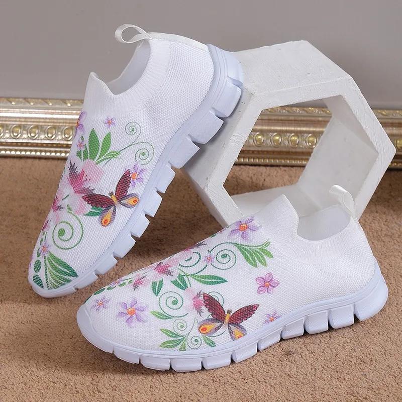 

Летние трикотажные туфли на плоской подошве для женщин, размер плюс 43, лоферы с дышащим сетчатым принтом, женские, осенние туфли без застежек для ходьбы 2024 года, Mujer 35