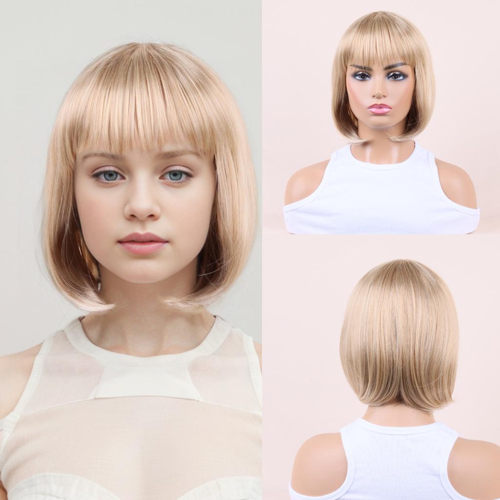 Straight Bob Short Wigs for Women Blond Brown Soft Daily Wigs with Bangs Natural Silky Party Use Synthetic Hair High Temperature Fiber