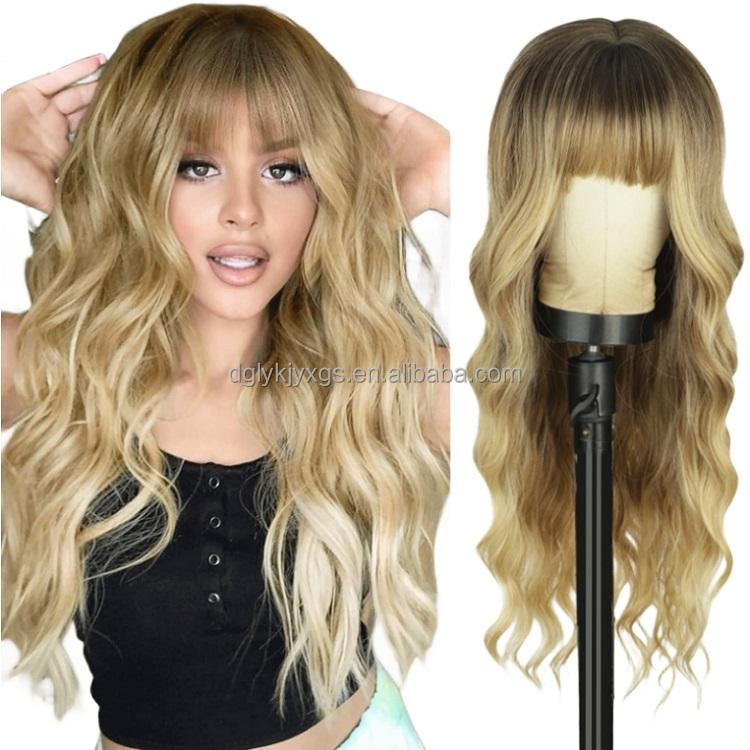 Hot Sales 26Inch Brown Mixed Blonde Wigs with Bangs for Women Wavy Curly Hair Heat Resistant Synthetic Fiber Wigs Women Hair
