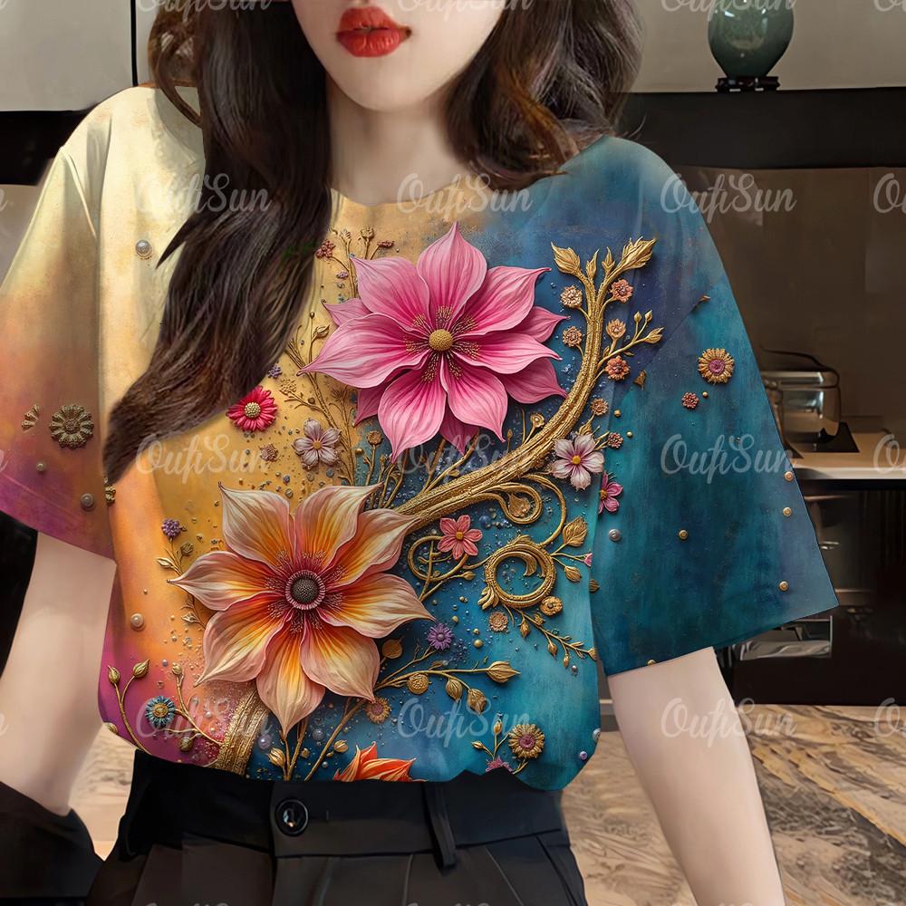 

Women s 3D Floral Print T-Shirt - Casual Fashion with High-Quality Fabric 6XL