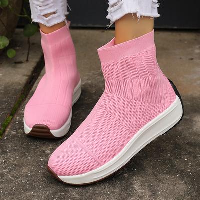 Fashion Pink Knitted Thick Sole Ankle Boots Women Platform Non-Slip Stretch Short Boots Woman 2024 Autumn Casual Slip-On Vulcanize Shoes