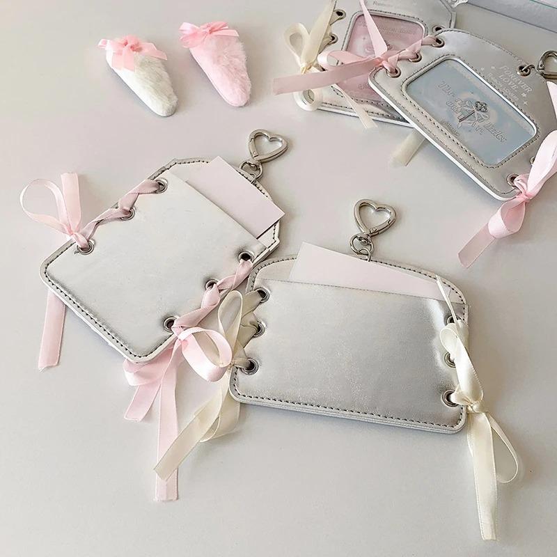 Lace Photocard Holder INS Style Silver PU Transparent Student ID Card Cover Case with Keychains DIY Bow Ribbon Decor