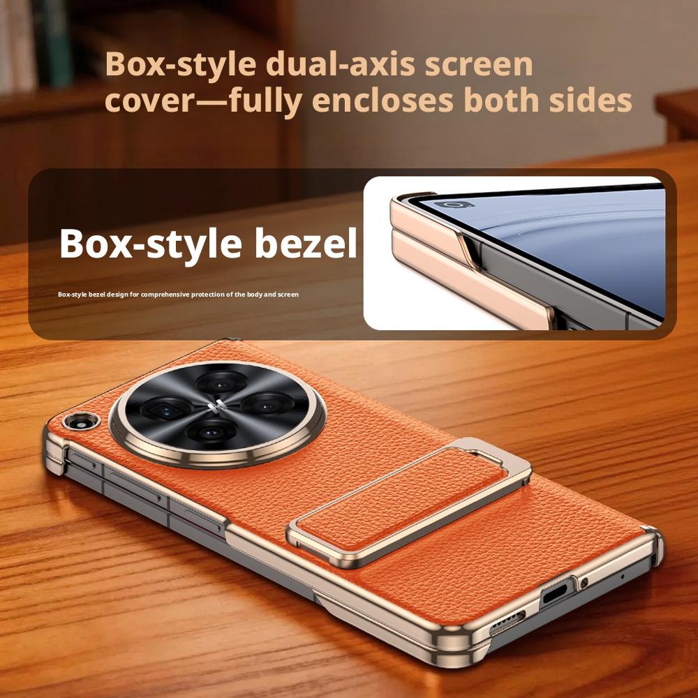 For Oppo Find N6 Case Genuine Leather Auto-Retracting Finger Grip Band Metal 270° Rotating Stand Dual Hinge Protection Cover