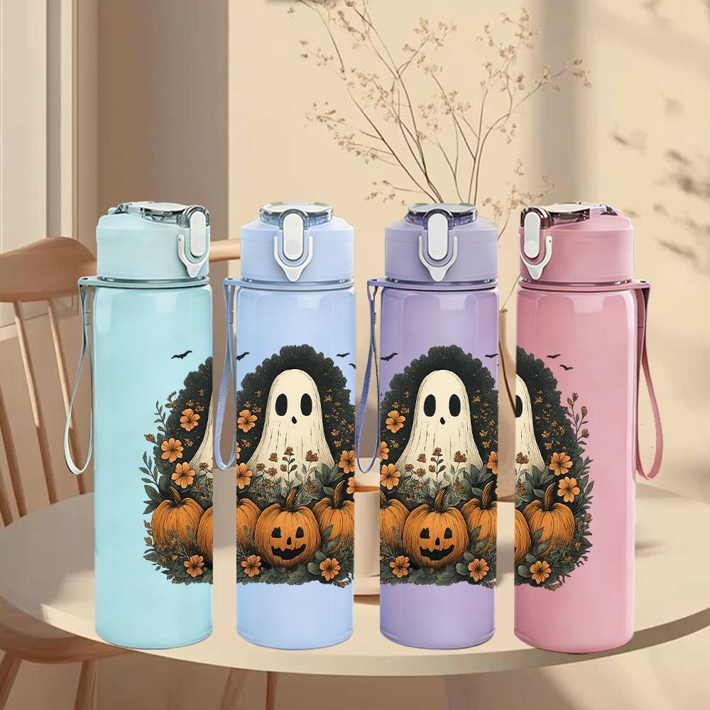 1PC Pumpkin Halloween Ghost 750ml Color Plastic Sports Water Bottle Leakproof Flip Straw Lid Suitable for Sports Office Home Use
