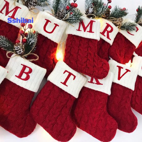 Christmas Sock Ornament with Lanyard Large Capacity Rich Color Classic Letter Design Stocking Hanging Decoration