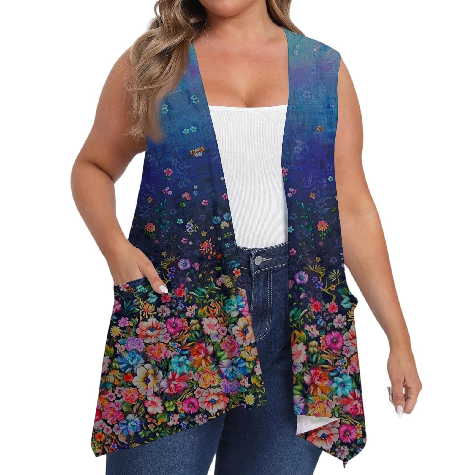 

Women s Oversized Loose Casual Printed Sleeveless Vest With Pocket Cardigan Jacket Cardigan Jacket XXL темно-синього кольору