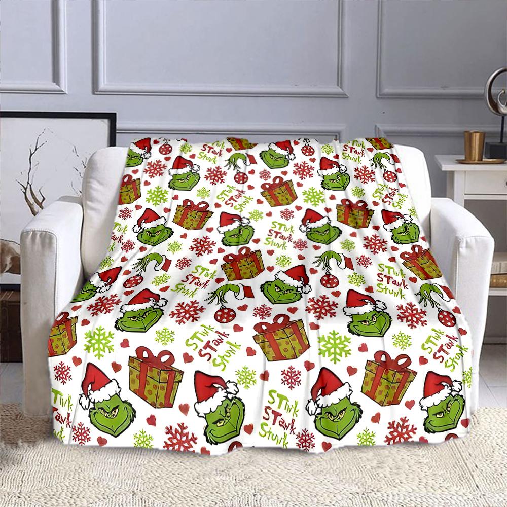 "Grinch Christmas Pattern with Gifts" Patterned flannel blanket perfect for the bedroom living room, sofa, or a little nap
