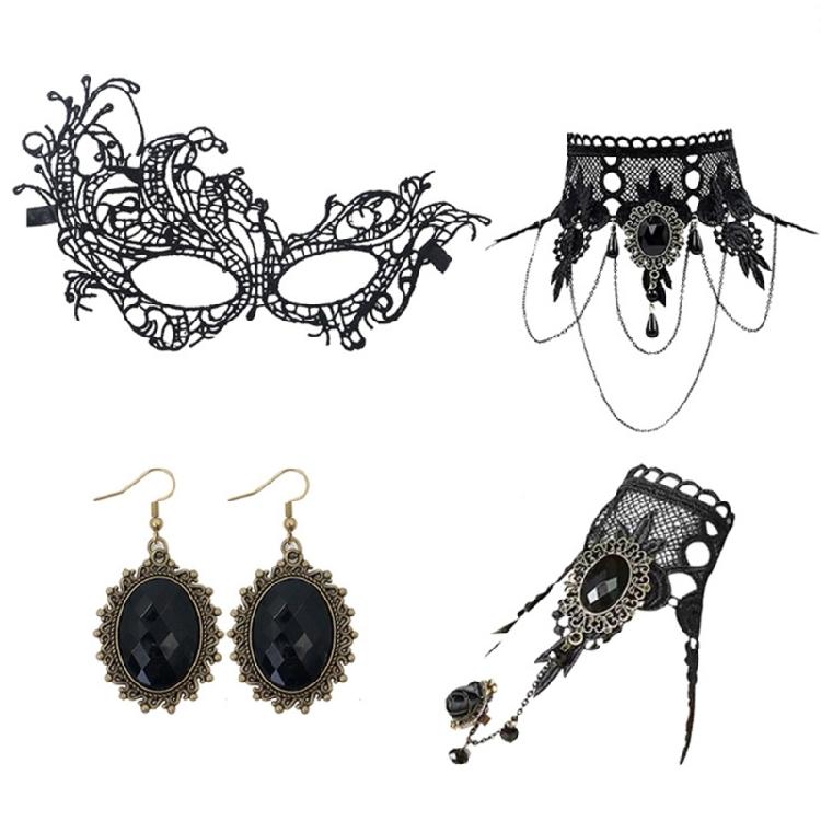 Кружевной Чокер Серьги Браслет Маска Набор Аксессуаров для Костюма на Хэллоуин Готический Набор Украшений для Вампиров для Свадьбы 1