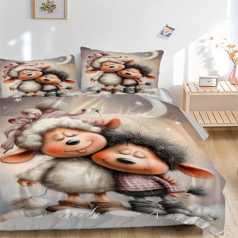 3pcs Anime Cartoon Sheep Bedding Set - Includes One Quilt Cover and Two Pillowcases (No Core) - Home Decor, Festival Gift, Polyester Fabric