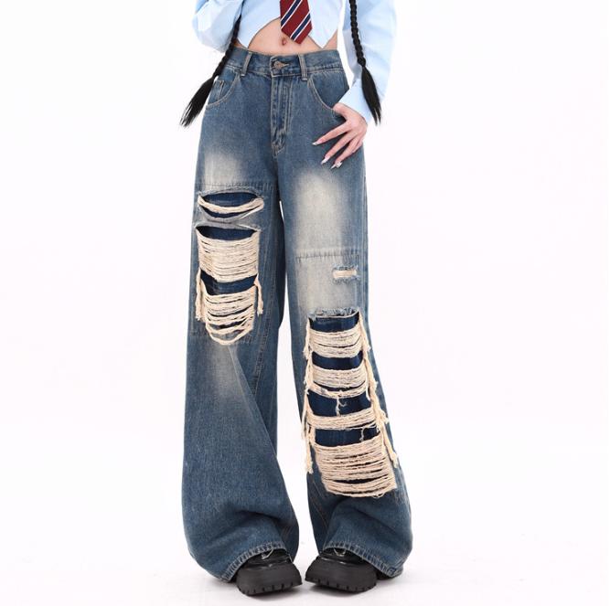 

Американский стиль High Street Niche Washed Distressed Jeans For Women s Retro Vibe Street Wide Leg Pants Trendy 2XL синий