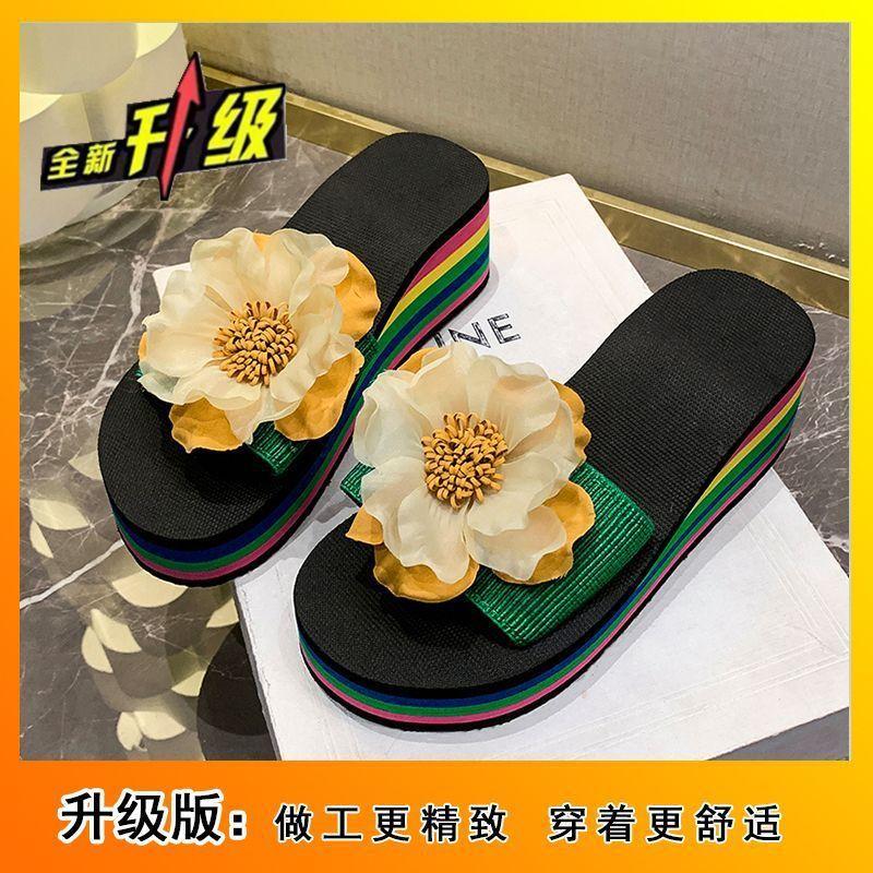Fairy flower high-heeled one-word slippers 2025 summer wear fashion with skirt thick-bottomed slope heel beach cool slippers