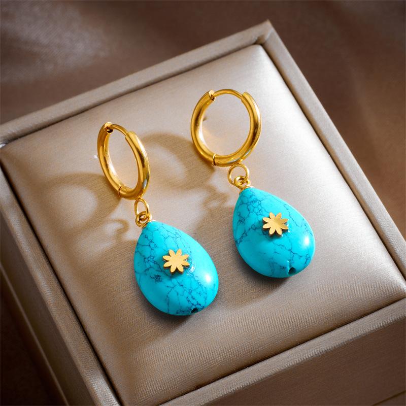 Gold Plated Turquoise Teardrop Drop Hoop Earrings with Flower Accent