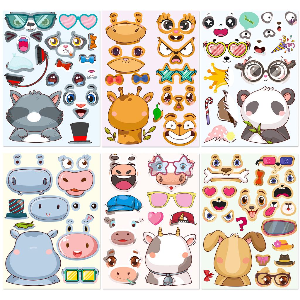 6 Pictures/pack of Beautiful Animals Hippo Cow Giraffe Cartoon Collage Children's Education Decoration Stickers