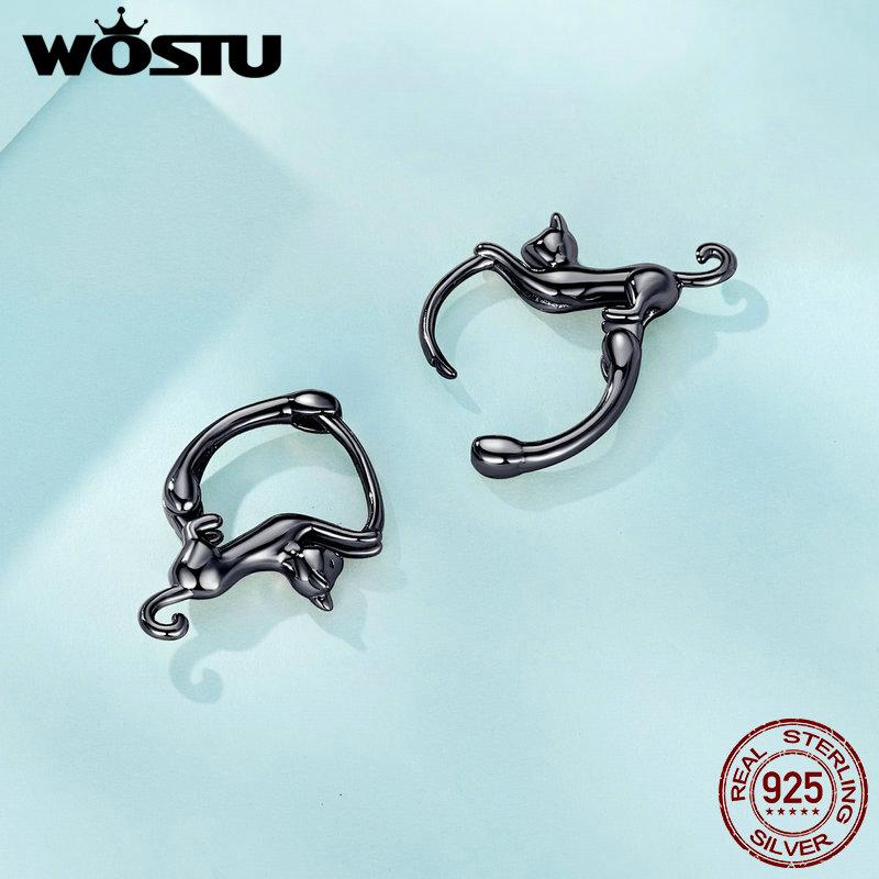 WOSTU Skutečné 925 mincovní stříbro černé roztomilé kočičí náušnice pro ženy Jemný šperk Dárek na večírek Rose Gold Animal Hoop Aretes
