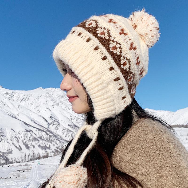 Fair Island hat women's autumn and winter big head circumference knitted hat retro balaclava hat thermal ear protector wool hat