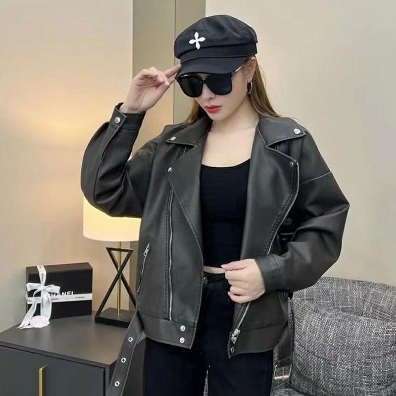

Женская куртка из искусственной кожи в стиле ретро на весну и осень, универсальная корейская версия, свободная и маленькая, модная мотоциклетная куртка, классная кожаная куртка XL