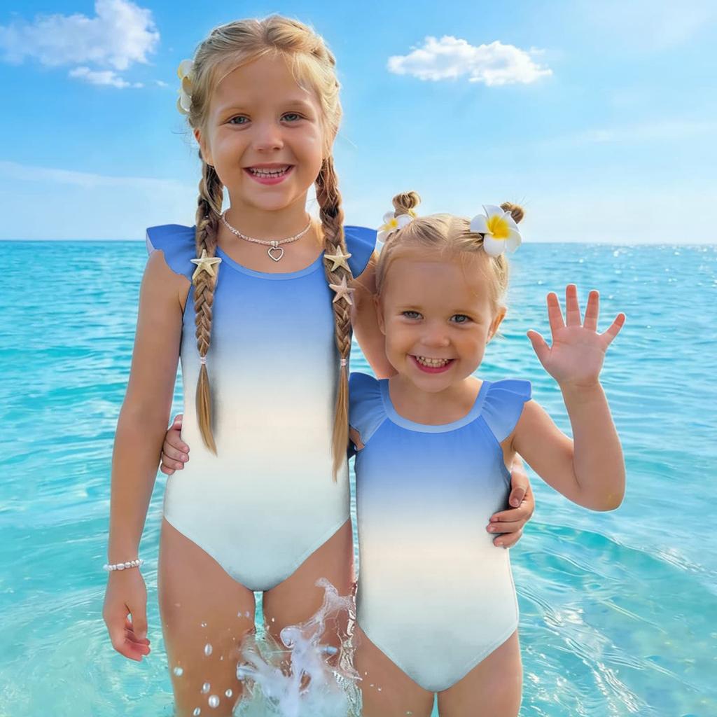Girls One Piece Swimsuit Gradient Print Sleeveless Ruffle Shoulder Swimwear Summer Beachwear Kids Bathing Suit