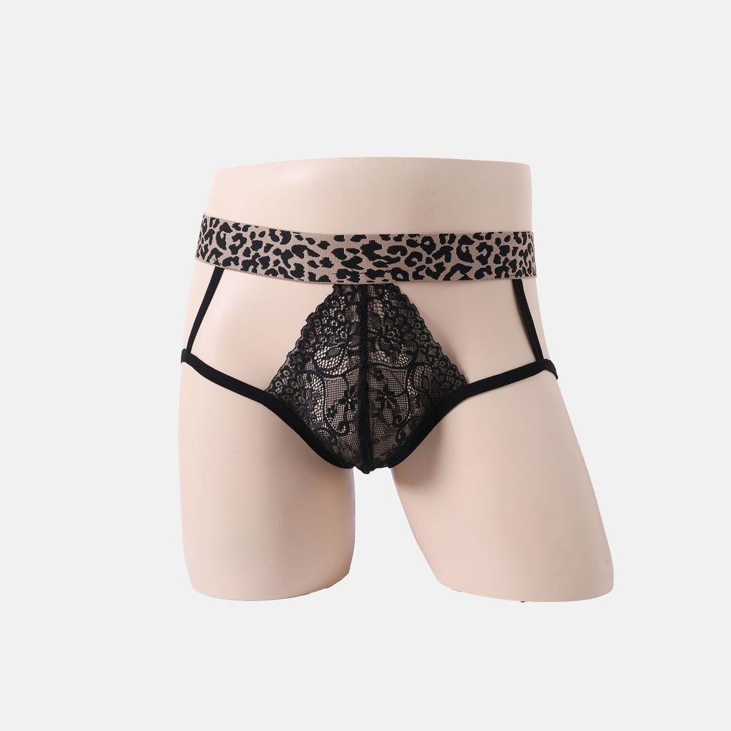 Leopard print men's erotic underwear temperament splicing lace sexy breathable hollow temptation perspective underwear
