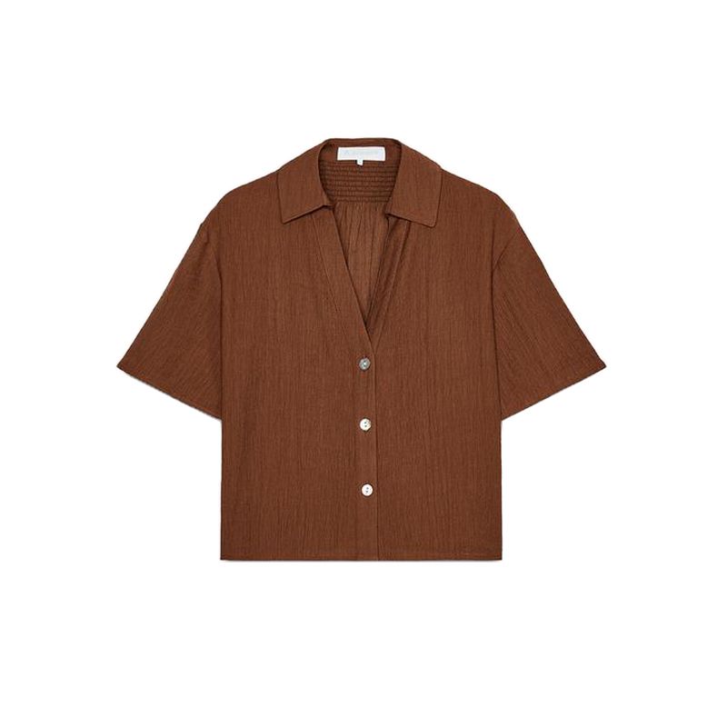 

Minimalist Honeycomb Plaid Short Sleeve Lapel Shirt 4387024 High Waist Stretch Waist Wide Leg Pants 4387022 Earth color Tops M