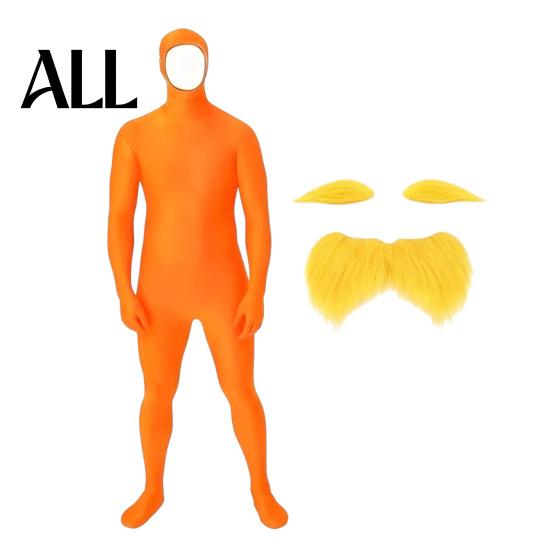Lustiges Familienkostüm Gesicht Offen Halloween Kostüm, Unisex Ganzkörper Oranger Body mit Bart Langlebiger Cosplay Anzug Augenbrauen für Männer Frauen, Erwachsener