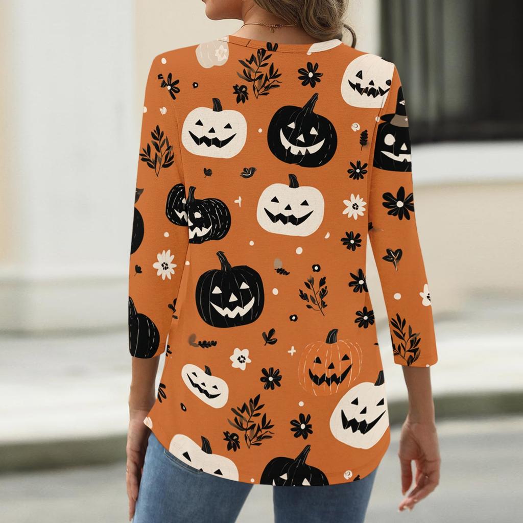 Damen Casual Halloween Print V-Ausschnitt Knopfleiste Dreiviertelarm T-Shirt Top für den Herbst