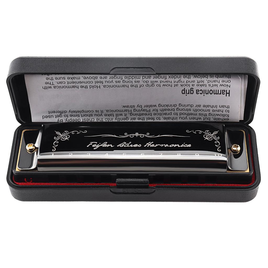 10 Holes KeyC Blues Harmonica Beginner Gifts Brass Reed Plate Black Mouth Organ 20 Tunes