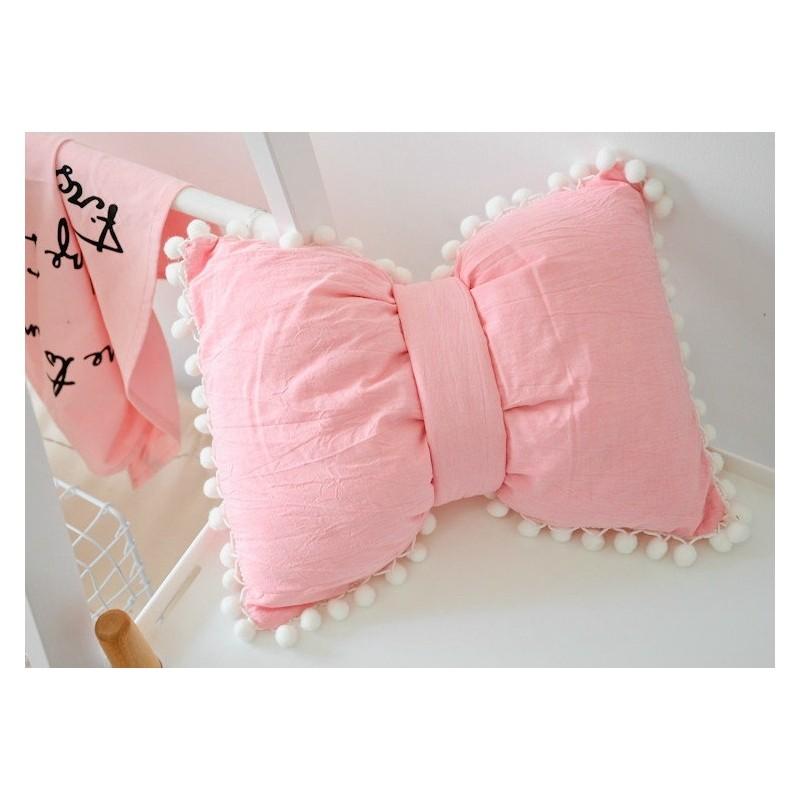 Striped Cotton Cushion With Bow And Pom Pom Trim For Home Decor**