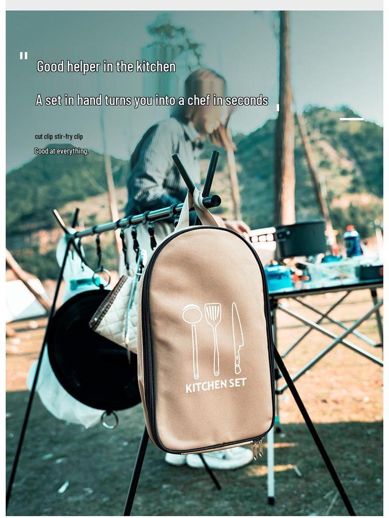 Portable Outdoor Cookware Set: Stainless Steel Cutlery, Storage Bag, and Cutting Board for Camping and Picnics.