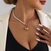 Simple Small Imitation Pearl Splicing Chain Necklace, Geometric Love Pendant Necklace