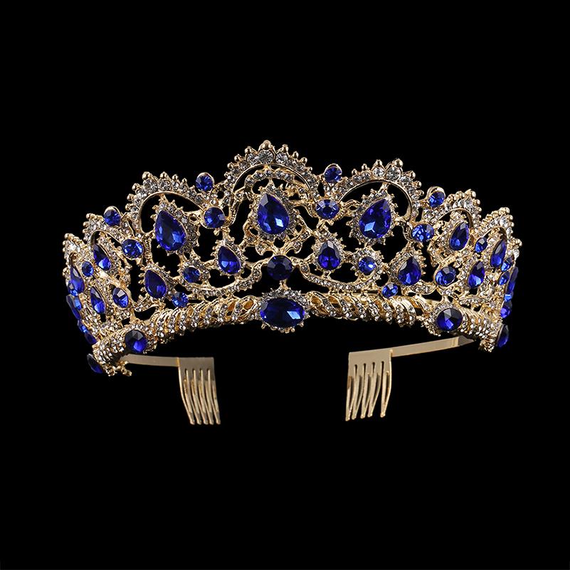 European Drop Green Red Crystal Tiaras Vintage Gold Color Rhinestone Pageant Crowns Comb Baroque Wedding Hair Accessories