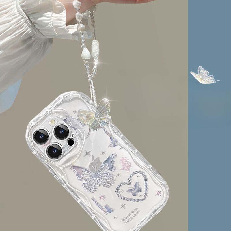 INS Silver Butterfly Pattern Case for Xiaomi Redmi Note 14 Pro 5G 13 14 15 Pro Plus Redmi 15C 15 13 13C Cover with Korean Chain
