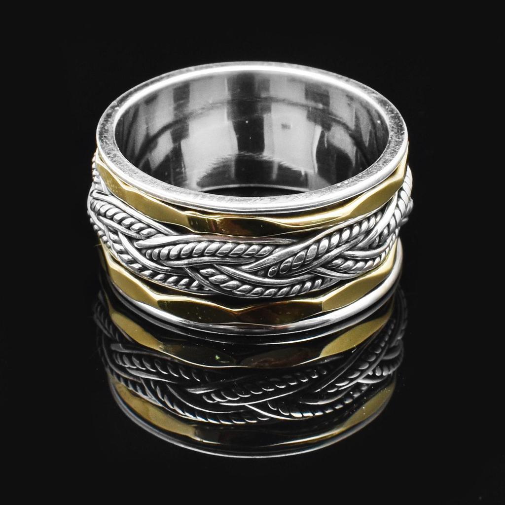 Anel giratório de meditação de clareza com 2 spinners de latão e 1 de prata esterlina torcida com padrão martelado, anel de energia projetado, anel de faixa texturizada