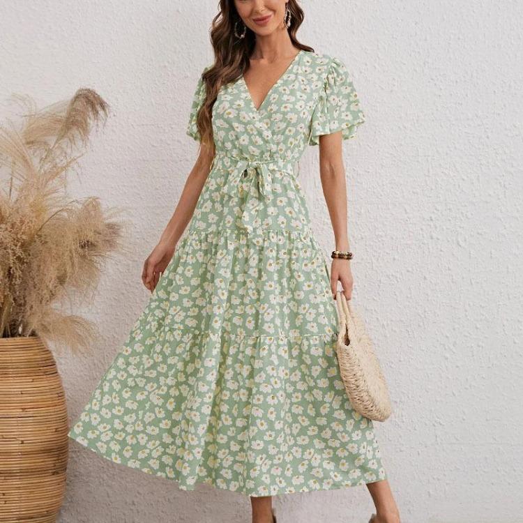 Women Summer Floral Print Long Dress Casual V Neck Short Sleeve A Line Bandage Chiffon Dress Sizes S To XXL