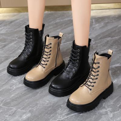 Bottes en Cuir pour Femmes Bottines Décontractées d'Extérieur à Lacets Bottes à Plateforme Bottes Courtes Classiques en Cuir Bottes de Moto pour Femmes