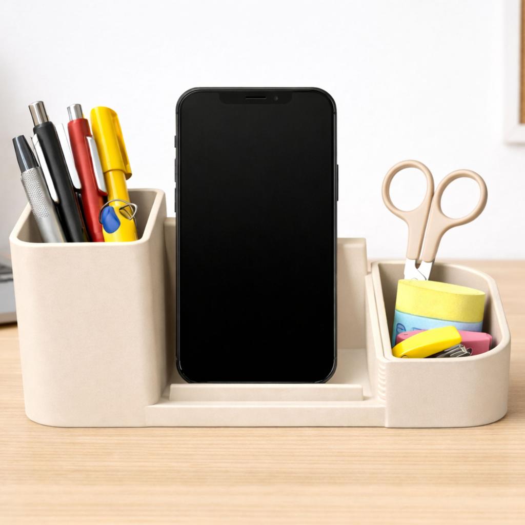 Beige Desk Organizer with Phone Holder and Small Items Container