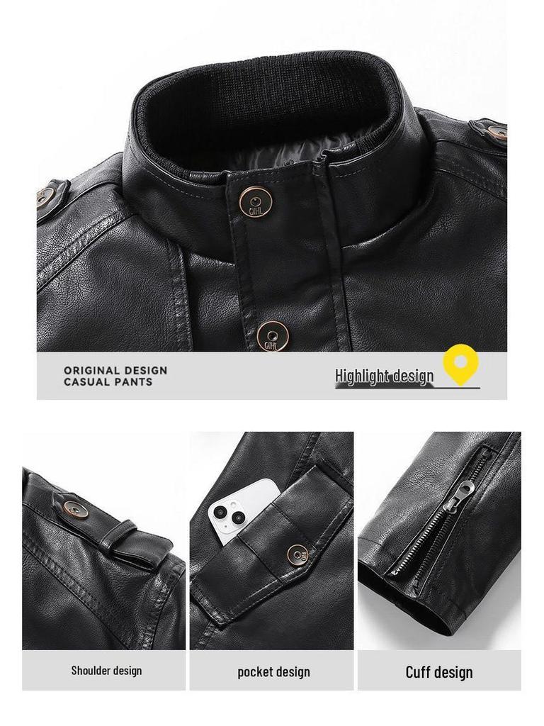 Męska Modna Skórzana Kurtka Wiatroszczelna Długiego Fasonu ze Stójką