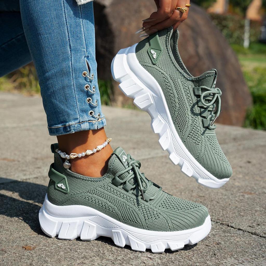 Spring Women Shoes Orange Sneakers Woman Knitted Shoes Breathable Mesh Ladies Casual Shoes Platform Lace-up Soft Thick Sole