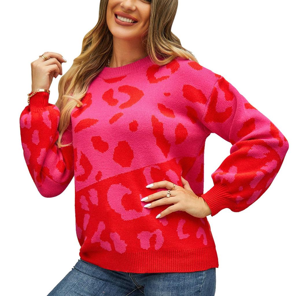 Damen Pullover Leopardendruck Colorblock Rundhalsausschnitt Langarm Locker gestrickter Pullover
