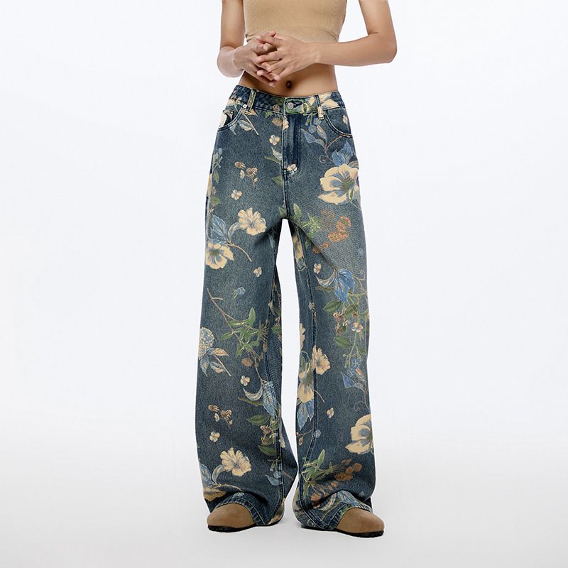 

Men s and Women s Same Style American High Street Florals Wide Leg Denim Print Loose Year Nine One Mouth Two Wide Leg Mop Pants Peacock Blue S