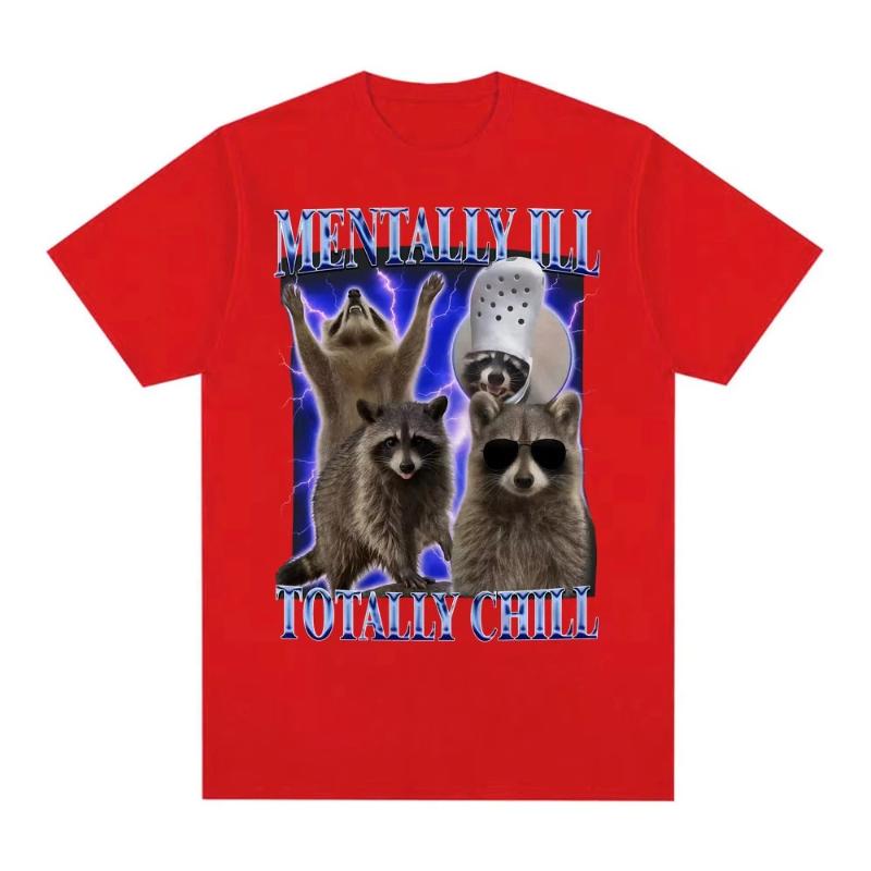Mentally Ill Totally Chill Funny Raccoon Meme T-shirt Women Clothing Vintage Graphic T Shirt Summer Tops O-NeckTees Graphic Y2K