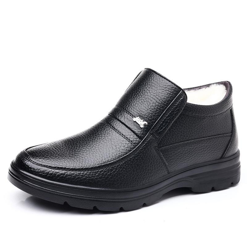 Men's Winter Shoes, Wool Cotton Shoes, Men's Cowhide Warm Fleece Thickened Dad Shoes, Leather Non-slip Cotton Shoes for the Elderly